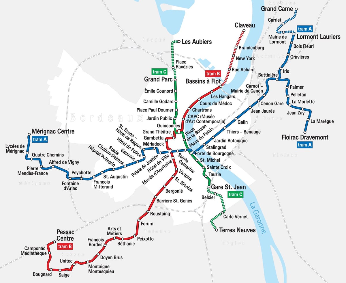 Bordeaux tramvaj put na karti