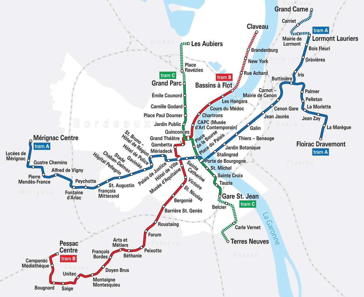 tramvajska karta Bordeaux, Francuska